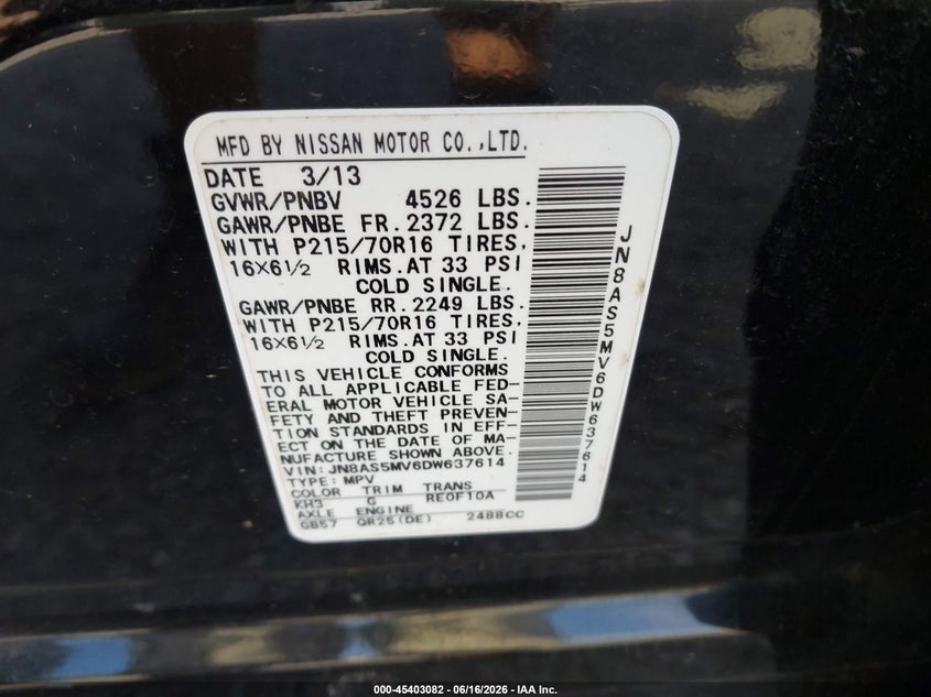 2013 Nissan Rogue VIN JN8AS5MV6DW637614 IAAI salvage auction — NORMAL WEAR, Clear (Virginia), sold $350 on 2026-07-31 (photo 9)