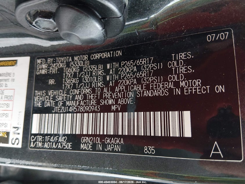 2007 Toyota 4runner VIN JTEZU14R578090943 IAAI salvage auction — LEFT FRONT, Salvage (Alabama), sold $2,850 on 2026-07-09 (photo 9)