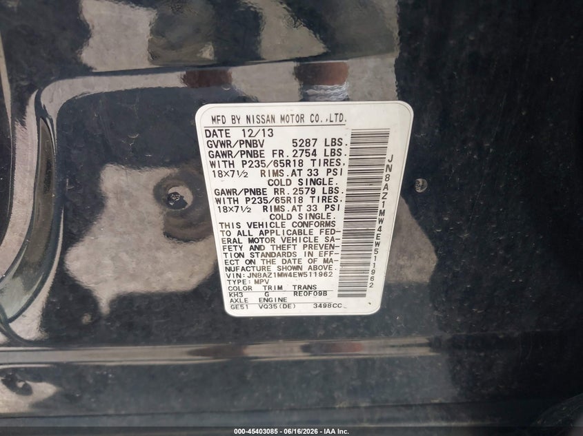 2014 Nissan Murano VIN JN8AZ1MW4EW511962 IAAI salvage auction — NORMAL WEAR, Clear (Illinois), sold $450 on 2026-07-29 (photo 9)
