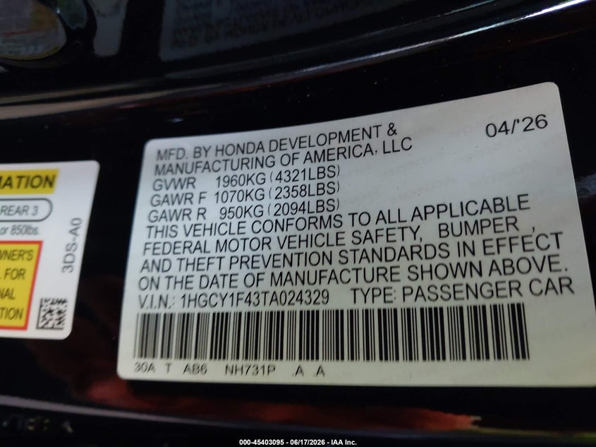 2026 Honda Accord VIN 1HGCY1F43TA024329 IAAI salvage auction — RIGHT SIDE, Salvage (California), sold $8,875 on 2026-07-28 (photo 9)