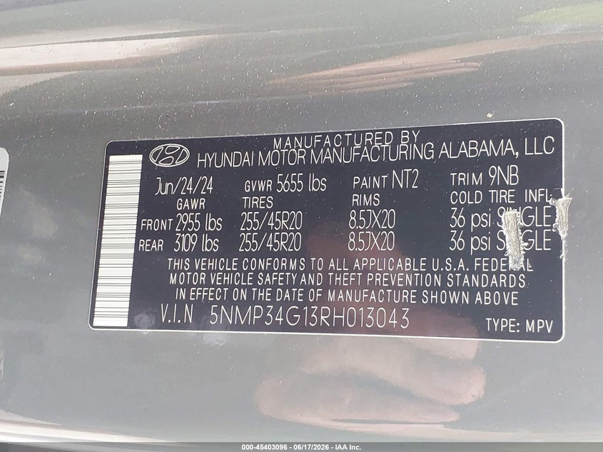 2024 Hyundai Santa fe VIN 5NMP34G13RH013043 IAAI salvage auction — FRONT END, Salvage Title, sold $13,100 on 2026-07-23 (photo 9)