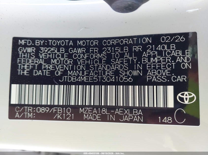 2026 Toyota Corolla VIN JTDB4MEE5T3041056 IAAI salvage auction — REAR END, Salvage Title, sold $5,500 on 2026-07-25 (photo 9)