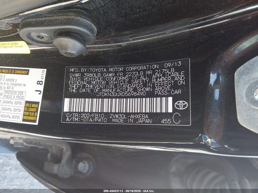 2013 Toyota Prius VIN JTDKN3DUXD5698490 IAAI salvage auction — RIGHT FRONT, Salvage (Colorado), sold $975 on 2026-07-28 (photo 9)