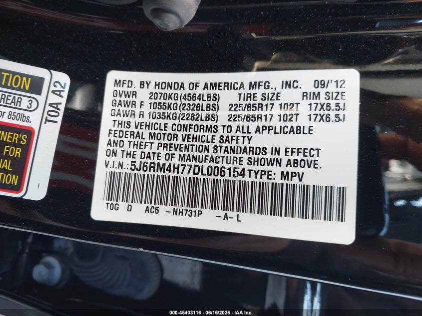 2013 Honda Cr-v VIN 5J6RM4H77DL006154 IAAI salvage auction — LEFT SIDE, Salvage (California), sold $4,400 on 2026-07-09 (photo 9)