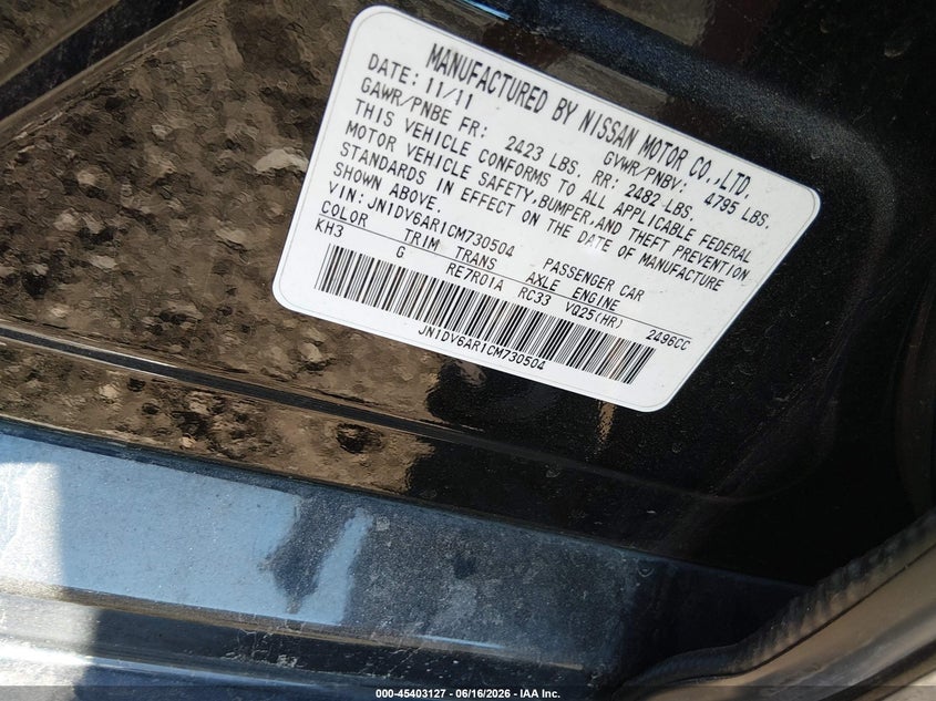 2012 Infiniti G VIN JN1DV6AR1CM730504 IAAI salvage auction — LEFT & RIGHT, Bill Of Sale (New York), sold $425 on 2026-07-14 (photo 9)