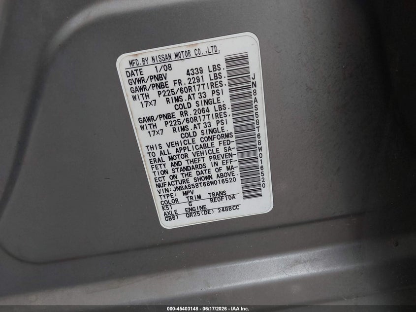 2008 Nissan Rogue VIN JN8AS58T68W016520 IAAI salvage auction — RIGHT FRONT, Rebuildable (Florida), sold $25 on 2026-07-16 (photo 9)