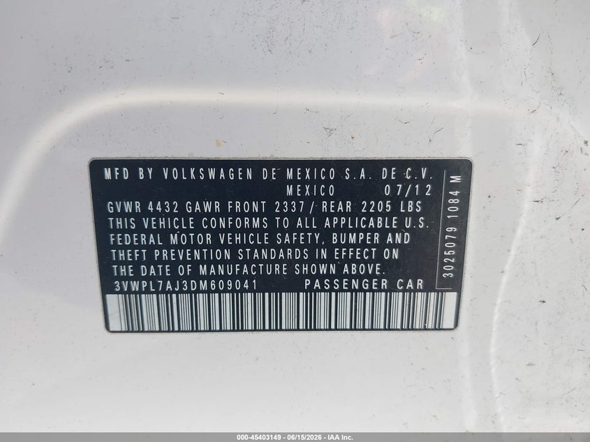 2013 Volkswagen Jetta VIN 3VWPL7AJ3DM609041 IAAI salvage auction — NORMAL WEAR, Clear (Hawaii), sold $625 on 2026-07-28 (photo 9)