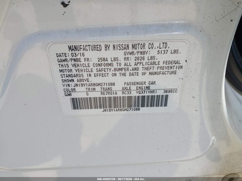 2016 Infiniti Q70 VIN JN1BY1AR8GM271088 IAAI salvage auction — FRONT END, Mv-907A (New York), sold $600 on 2026-07-14 (photo 9)