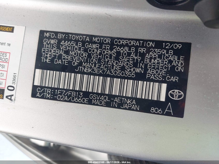 2010 Toyota Camry VIN JTNBK3EK7A3050355 IAAI salvage auction — LEFT FRONT, Salvage (California), sold $1,600 on 2026-07-20 (photo 9)