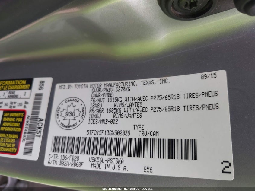 2016 Toyota Tundra VIN 5TFDY5F13GX500839 IAAI salvage auction — LEFT SIDE, Salvage Title, sold $6,200 on 2026-07-28 (photo 9)