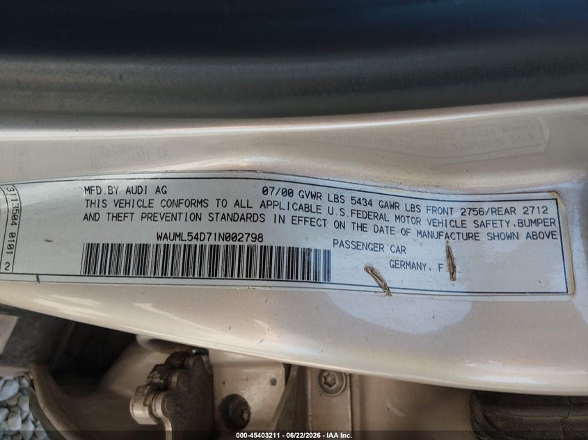 2001 Audi A8 VIN WAUML54D71N002798 IAAI salvage auction — NORMAL WEAR, Clear - Public Restricted (Oregon), sold $775 on 2026-07-20 (photo 9)