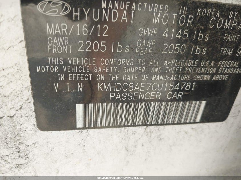 2012 Hyundai Elantra VIN KMHDC8AE7CU154781 IAAI salvage auction — NORMAL WEAR, Clear (Virginia), sold $325 on 2026-07-20 (photo 9)