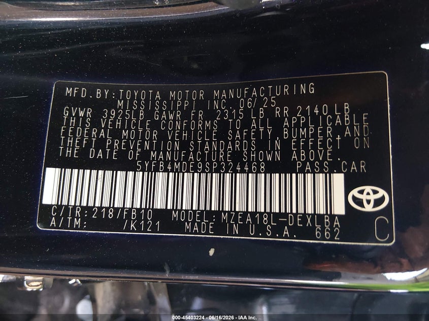 2025 Toyota Corolla VIN 5YFB4MDE9SP324468 IAAI salvage auction — RIGHT FRONT, Salvage (Arizona), sold $6,500 on 2026-07-28 (photo 9)