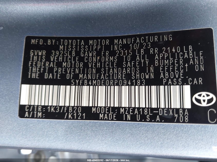2024 Toyota Corolla VIN 5YFB4MDE0RP094183 IAAI salvage auction — FRONT END, Rebuildable (Florida), sold $4,100 on 2026-07-28 (photo 9)