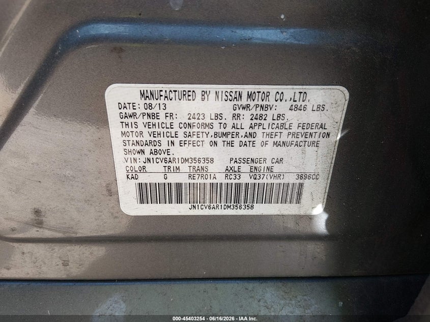 2013 Infiniti G VIN JN1CV6AR1DM356358 IAAI salvage auction — NORMAL WEAR, Clear (Massachusetts), sold $300 on 2026-07-08 (photo 9)