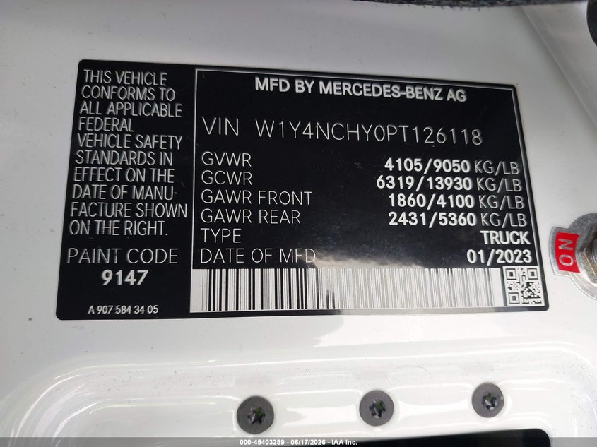 2023 Mercedes-benz Sprinter VIN W1Y4NCHY0PT126118 IAAI salvage auction — RIGHT SIDE, Salvage (California), sold $3,350 on 2026-08-28 (photo 9)