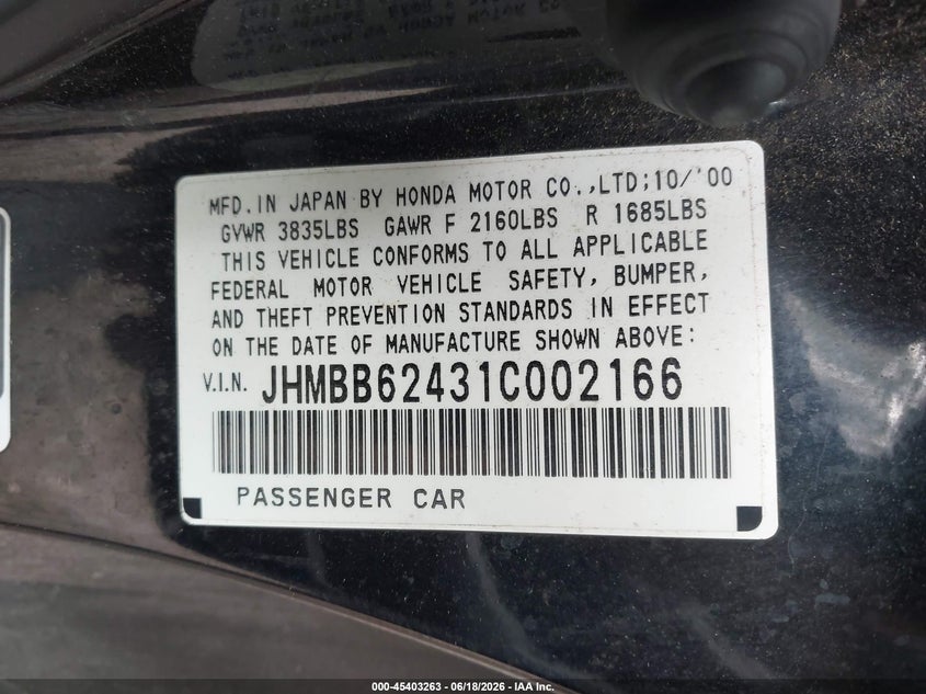 2001 Honda Prelude VIN JHMBB62431C002166 IAAI salvage auction — NORMAL WEAR, Clear (Virginia), sold $900 on 2026-07-14 (photo 9)