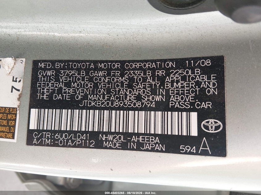 2009 Toyota Prius VIN JTDKB20U893508794 IAAI salvage auction — REAR END, Bill Of Sale (Washington), sold $1,150 on 2026-07-08 (photo 9)