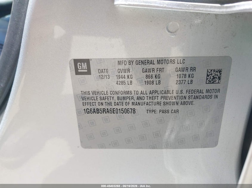 2014 Cadillac Ats VIN 1G6AB5RA6E0150678 IAAI salvage auction — SIDE, Salvage (California), sold $1,750 on 2026-07-09 (photo 9)