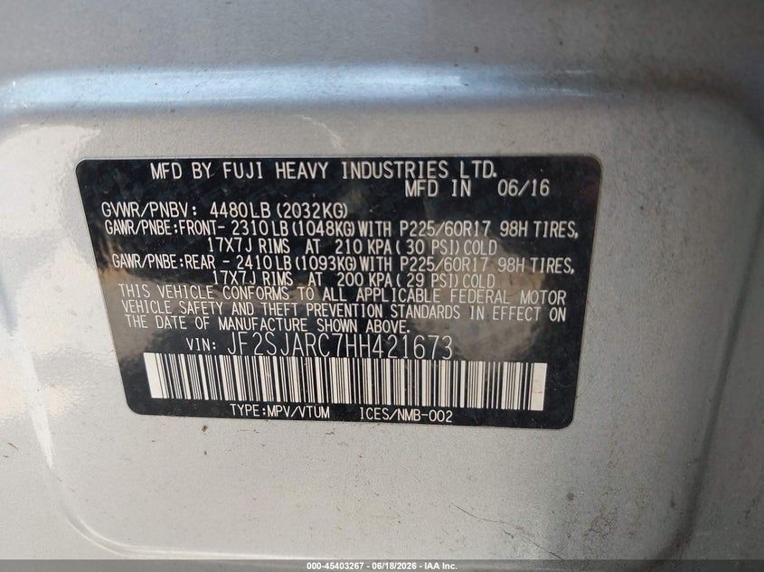 2017 Subaru Forester VIN JF2SJARC7HH421673 IAAI salvage auction — FRONT END, Salvage (Texas), sold $350 on 2026-07-30 (photo 9)