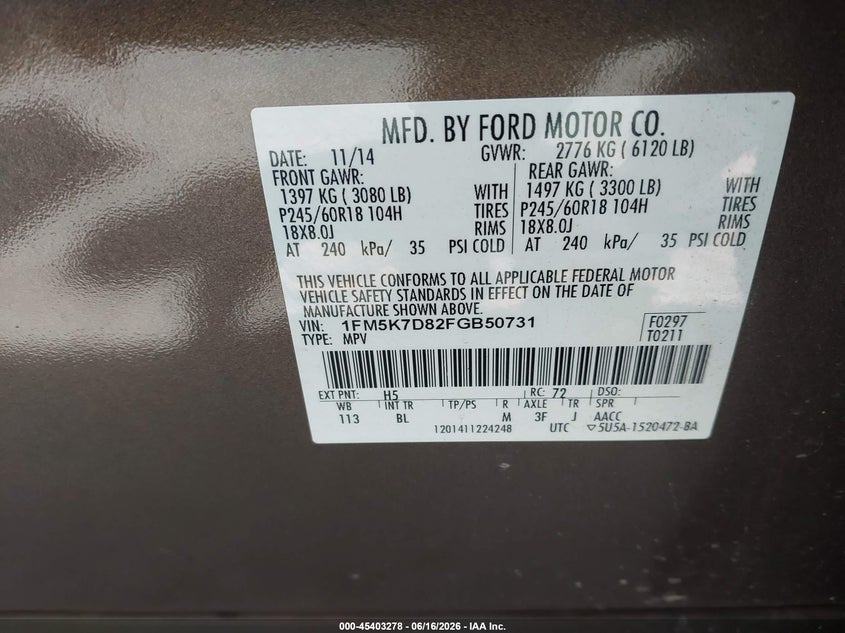 2015 Ford Explorer VIN 1FM5K7D82FGB50731 IAAI salvage auction — LEFT & RIGHT, Salvage (California), sold $2,925 on 2026-07-09 (photo 9)