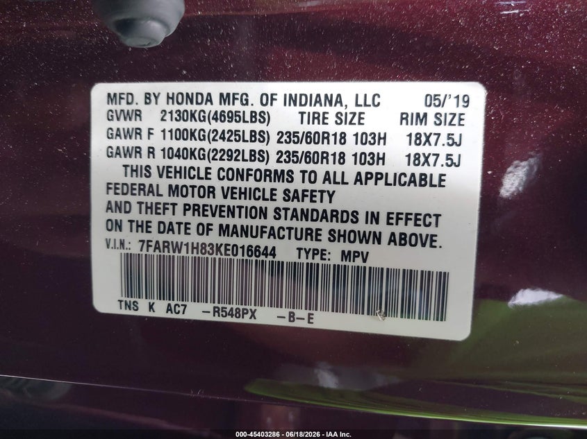 2019 Honda Cr-v VIN 7FARW1H83KE016644 IAAI salvage auction — FRONT END, Salvage Title, sold $3,050 on 2026-07-08 (photo 9)