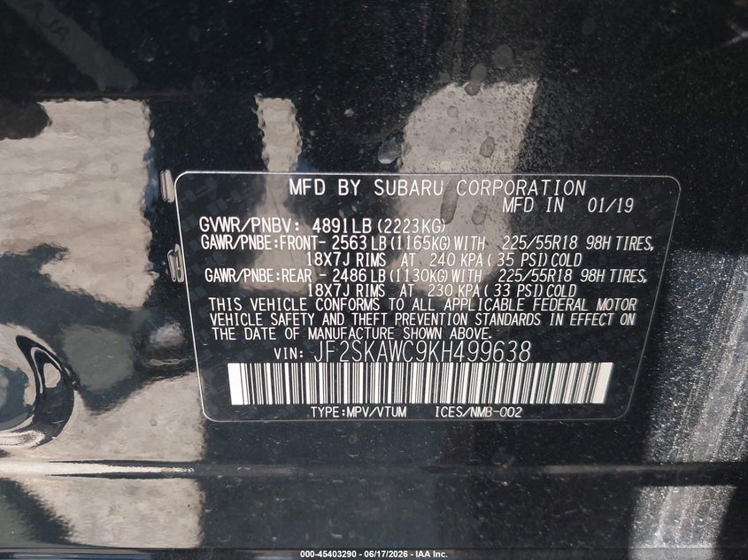 2019 Subaru Forester VIN JF2SKAWC9KH499638 IAAI salvage auction — REAR END, Salvage (California), sold $4,100 on 2026-07-15 (photo 9)