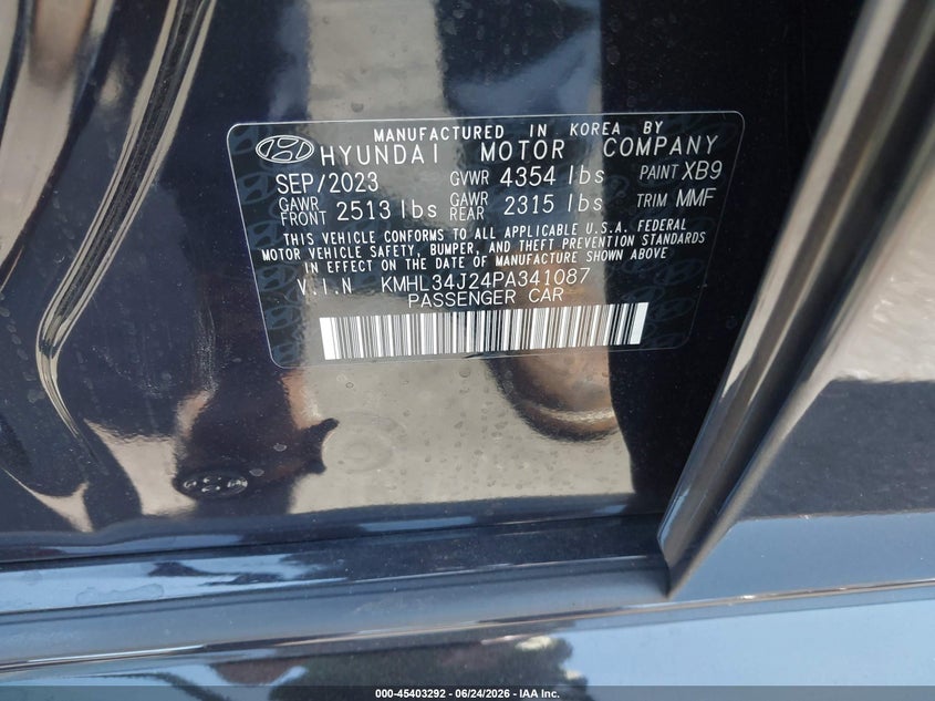 2023 Hyundai Sonata VIN KMHL34J24PA341087 IAAI salvage auction — FRONT & REAR, Salvage Title, sold $6,600 on 2026-07-12 (photo 9)