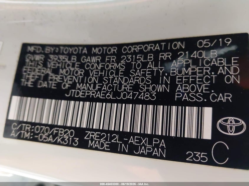 2020 Toyota Corolla VIN JTDEPRAE6LJ047483 IAAI salvage auction — FRONT END, Salvage (California), sold $2,700 on 2026-07-19 (photo 9)