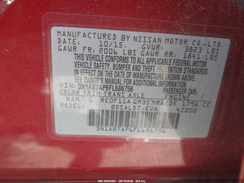 2015 Nissan Sentra VIN 3N1AB7AP6FL686756 IAAI salvage auction — FRONT END, Salvage Title, sold $575 on 2026-07-09 (photo 9)