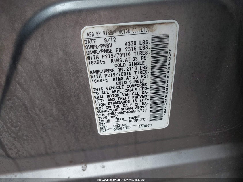 2013 Nissan Rogue VIN JN8AS5MT4DW508737 IAAI salvage auction — NORMAL WEAR, Original (Texas), sold $225 on 2026-07-23 (photo 9)