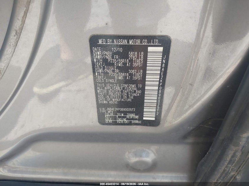 2011 Nissan Quest VIN JN8AE2KP0B9002572 IAAI salvage auction — NORMAL WEAR, Clear (Georgia), sold $900 on 2026-07-14 (photo 9)