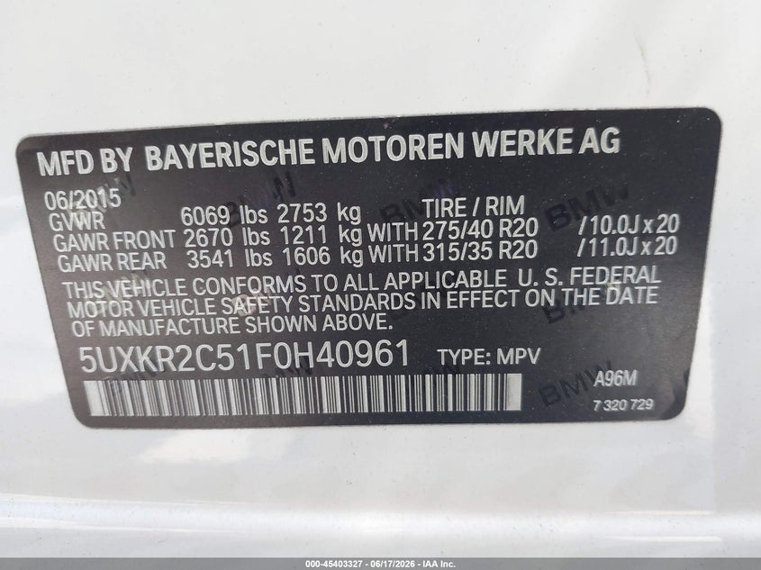2015 BMW X5 VIN 5UXKR2C51F0H40961 IAAI salvage auction — RIGHT FRONT, Salvage Title, sold $3,000 on 2026-07-17 (photo 9)