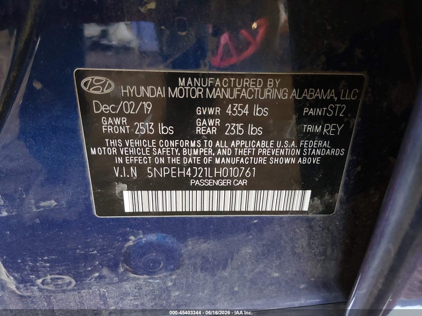 2020 Hyundai Sonata VIN 5NPEH4J21LH010761 IAAI salvage auction — FRONT END, Salvage Title, sold $4,250 on 2026-07-26 (photo 9)