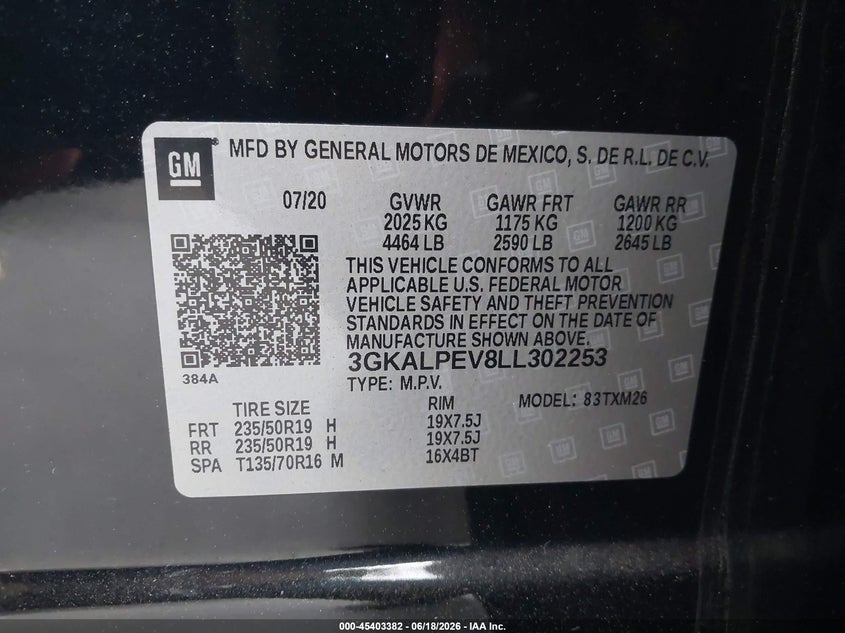 2020 Gmc Terrain VIN 3GKALPEV8LL302253 IAAI salvage auction — FRONT END, Salvage Title, sold $2,800 on 2026-07-25 (photo 9)