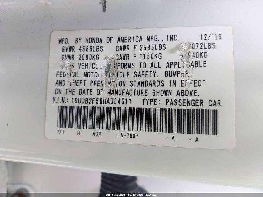 2017 Acura Tlx VIN 19UUB2F58HA004511 IAAI salvage auction — WATER/FLOOD, Salvage (Massachusetts), sold $3,050 on 2026-07-09 (photo 9)