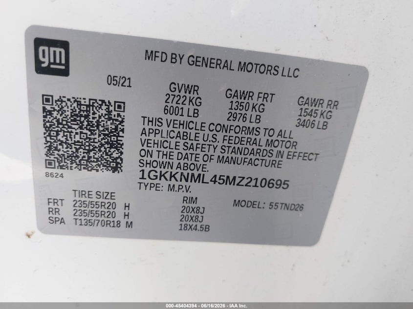 2021 Gmc Acadia VIN 1GKKNML45MZ210695 IAAI salvage auction — FRONT END, Original (Texas), sold $3,800 on 2026-08-27 (photo 9)