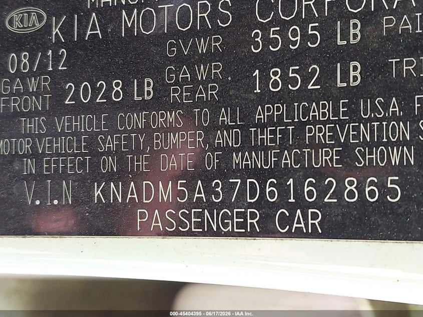 2013 Kia Rio VIN KNADM5A37D6162865 IAAI salvage auction — FRONT & REAR, Clear (Virginia), sold $525 on 2026-07-14 (photo 9)