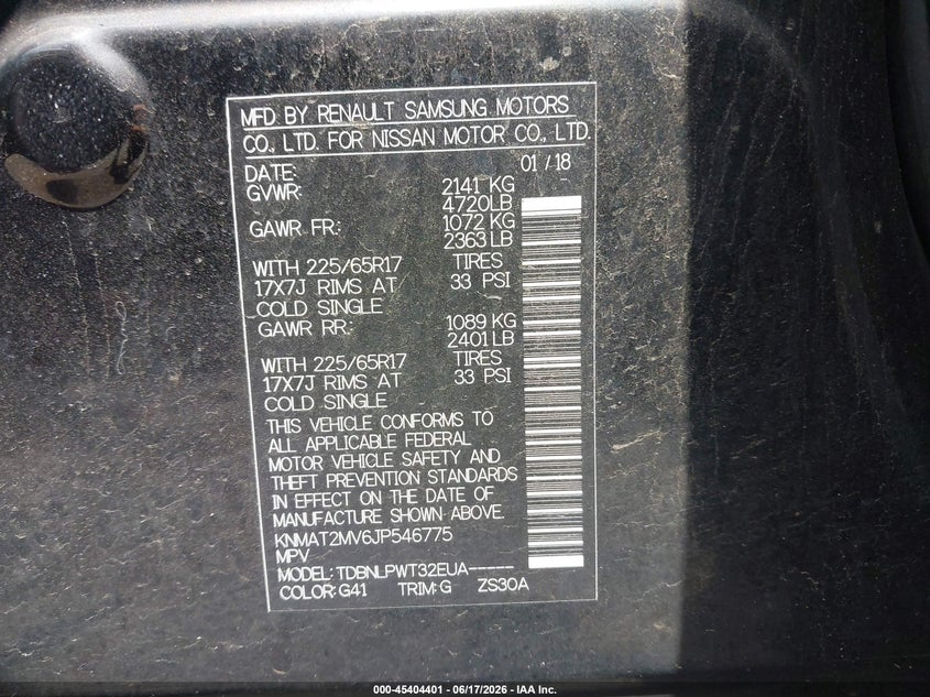 2018 Nissan Rogue VIN KNMAT2MV6JP546775 IAAI salvage auction — FRONT END, Salvage (New Jersey), sold $3,550 on 2026-07-29 (photo 9)