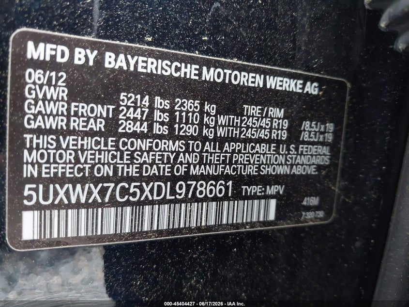 2013 BMW X3 VIN 5UXWX7C5XDL978661 IAAI salvage auction — TRANSMISSION, Clear (Arizona), sold $850 on 2026-07-29 (photo 9)