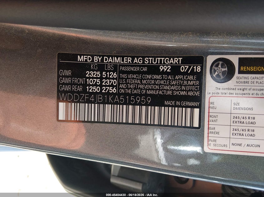 2019 Mercedes-benz E-klasse VIN WDDZF4JB1KA515959 IAAI salvage auction — ELECTRICAL, Salvage Title, sold $5,300 on 2026-08-02 (photo 9)