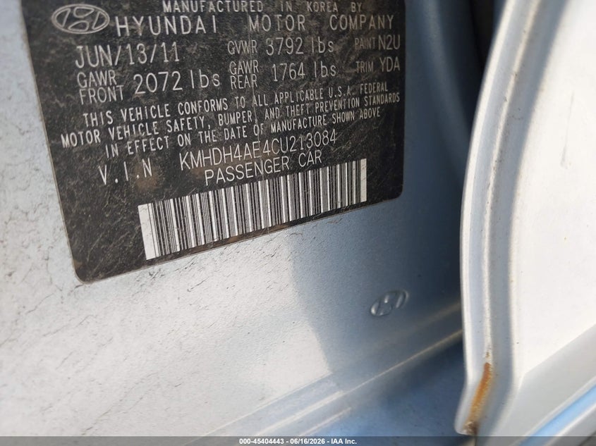 2012 Hyundai Elantra VIN KMHDH4AE4CU213084 IAAI salvage auction — NORMAL WEAR, Clear (Massachusetts), sold $650 on 2026-07-21 (photo 9)