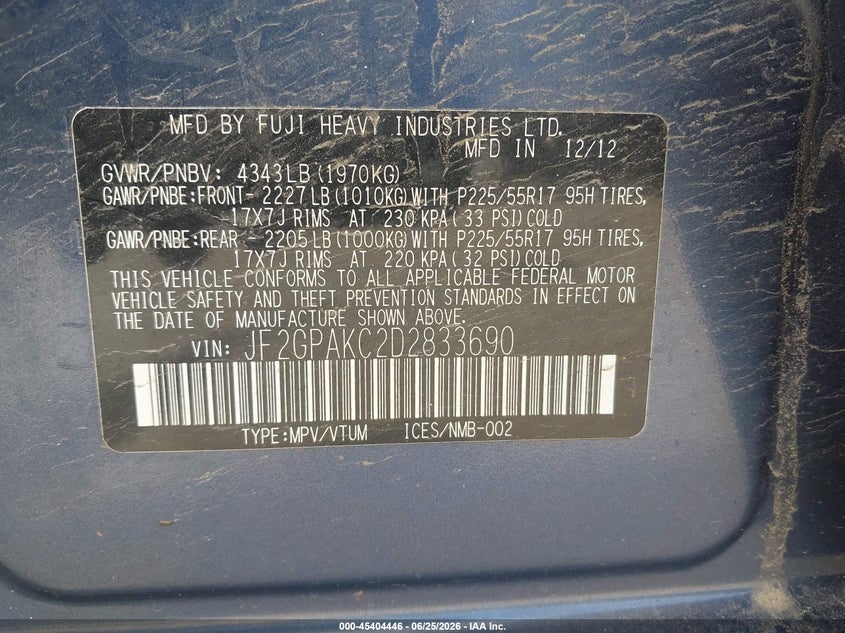 2013 Subaru Xv VIN JF2GPAKC2D2833690 IAAI salvage auction — NORMAL WEAR, Original (Maine), sold $375 on 2026-07-29 (photo 9)