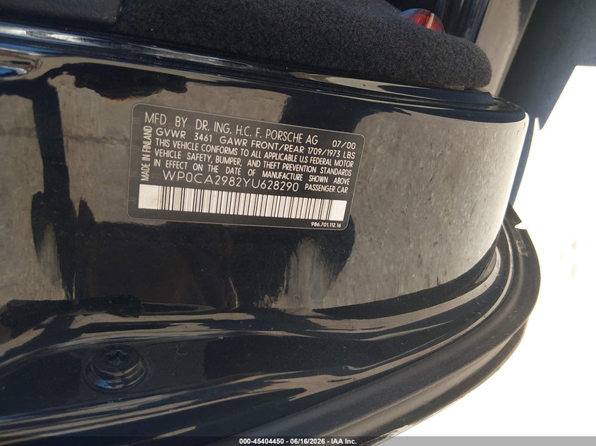2000 Porsche Boxster VIN WP0CA2982YU628290 IAAI salvage auction — UNKNOWN, Salvage (Maryland), sold $900 on 2026-07-30 (photo 9)