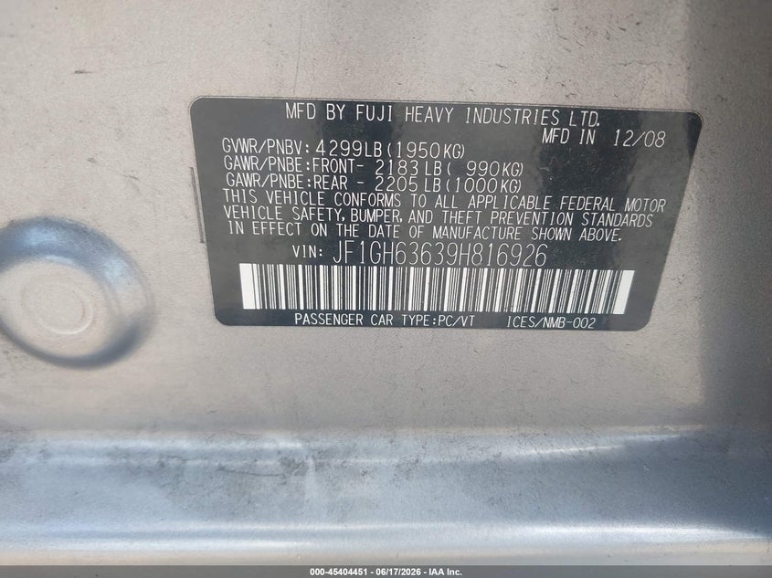 2009 Subaru Impreza VIN JF1GH63639H816926 IAAI salvage auction — FRONT END, Salvage (Pennsylvania), sold $25 on 2026-07-10 (photo 9)