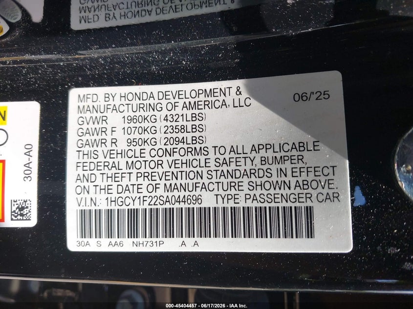 2025 Honda Accord VIN 1HGCY1F22SA044696 IAAI salvage auction — RIGHT SIDE, Salvage Title, sold $8,350 on 2026-07-27 (photo 9)