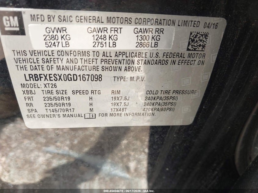 2016 Buick Envision VIN LRBFXESX0GD167098 IAAI salvage auction — FRONT END, Salvage (Alabama), sold $550 on 2026-07-15 (photo 9)