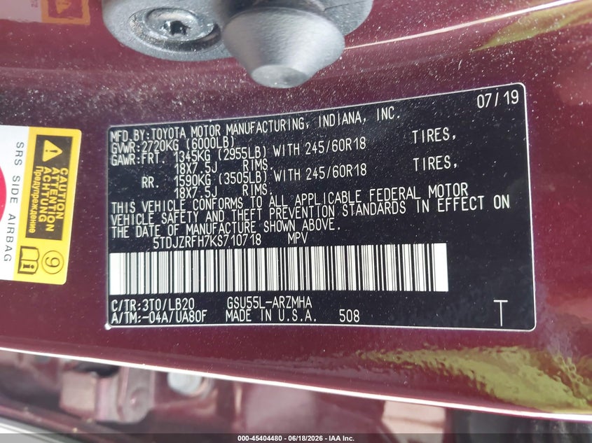 2019 Toyota Highlander VIN 5TDJZRFH7KS710718 IAAI salvage auction — FRONT END, Mv-907A (New York), sold $13,975 on 2026-07-07 (photo 9)