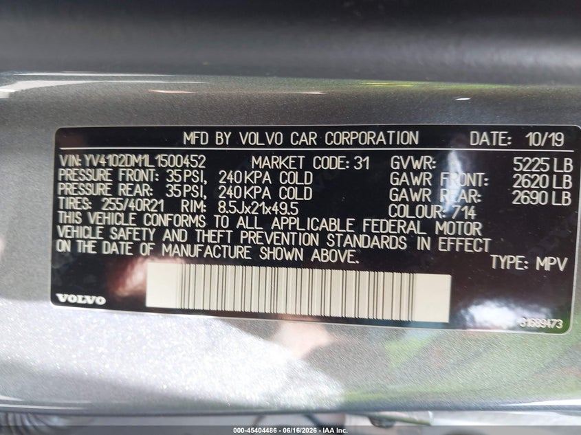 2020 Volvo Xc60 VIN YV4102DM1L1500452 IAAI salvage auction — BIOHAZARD/CHEMICAL, Salvage Title, sold $1,350 on 2026-08-13 (photo 9)