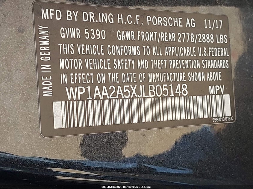 2018 Porsche Macan VIN WP1AA2A5XJLB05148 IAAI salvage auction — FRONT & REAR, Original (Texas), sold $7,600 on 2026-07-21 (photo 9)